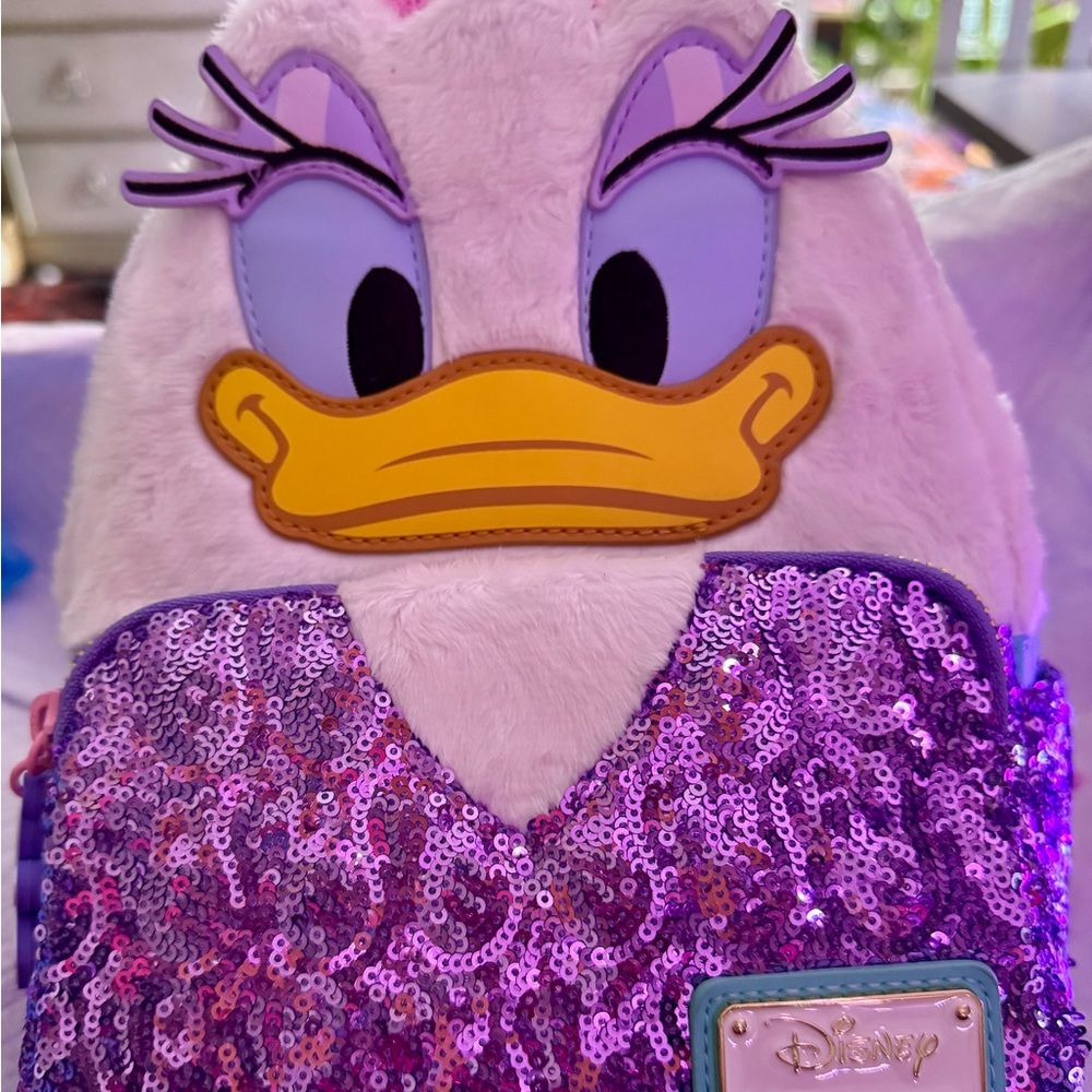 LOUNGEFLY Disney Daisy Duck 85th Anniversary Plush Cosplay Sequin Backpack